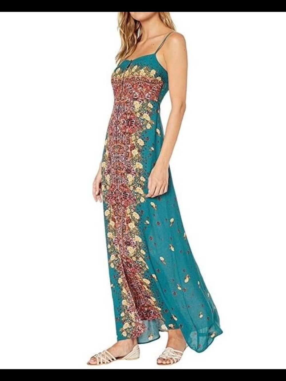 Free People Teal Paisley Border-Print Maxi Dress